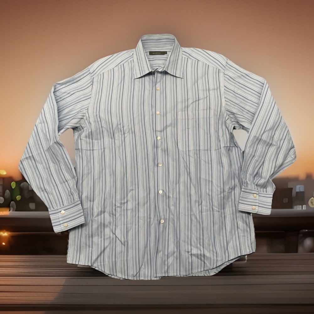 Ermenegildo Zegna Dress Shirt Blue White‎ Black Beige Striped Made In Italy 2XL